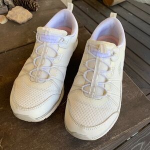 Skechers Lace-Free White and Light Pink Slip-On Sneakers